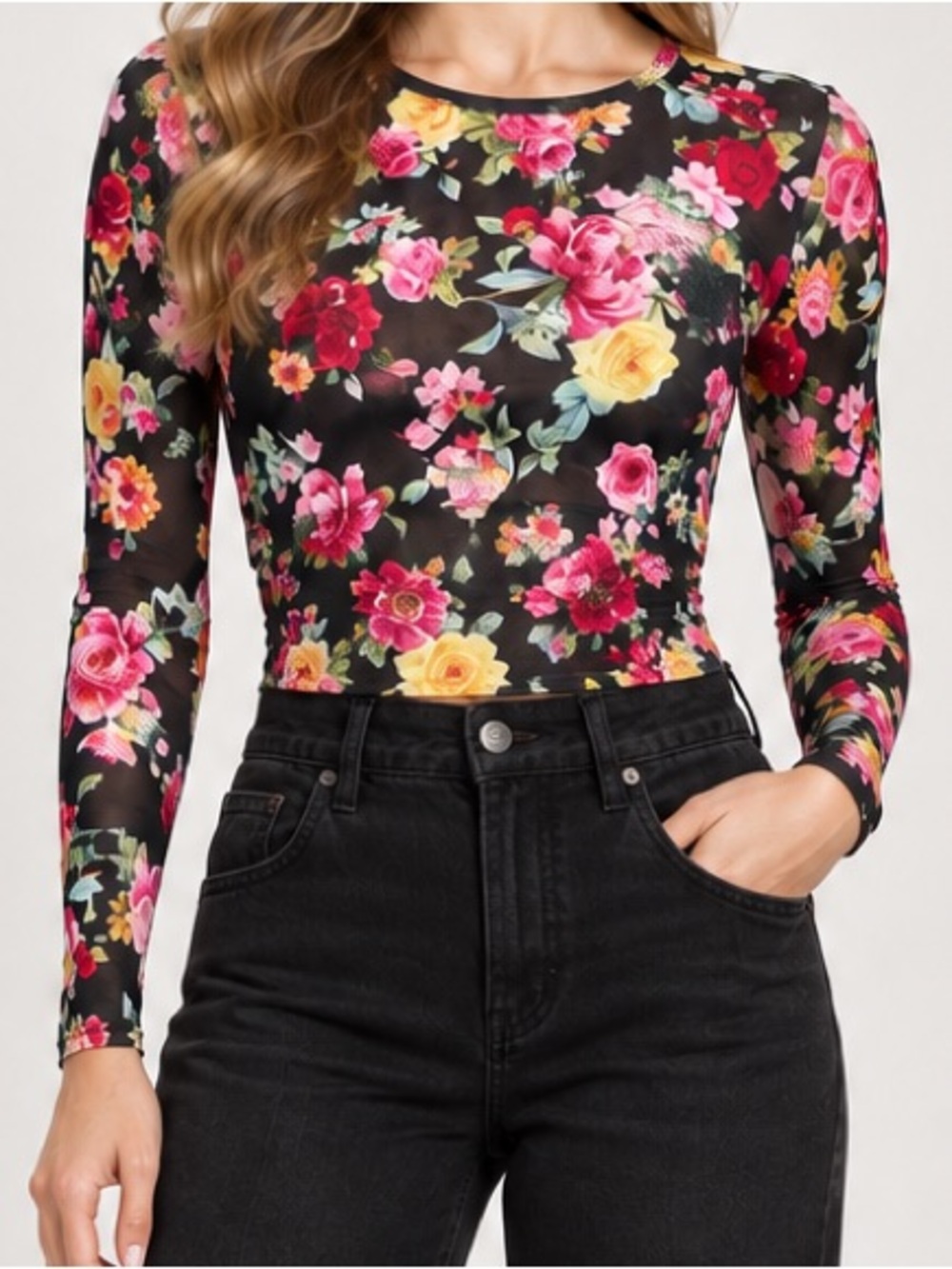AFFRM Floral Mesh Long-Sleeve Bodysuit - Black
